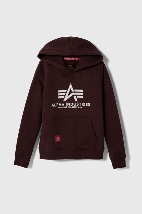 Дитяча кофта Alpha Industries колір бордовий з капюшоном з принтом