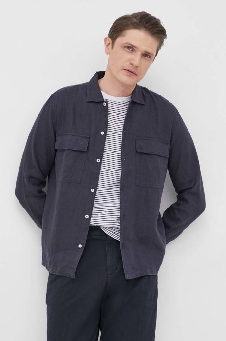 Сорочка з льону Marc O'Polo чоловіча колір синій regular з італійським коміром