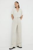 Штани з льоном Gestuz Paula колір бежевий широкі висока посадка