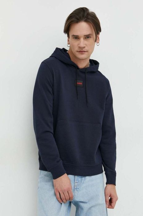 Бавовняна кофта HUGO чоловіча колір синій з капюшоном з аплікацією