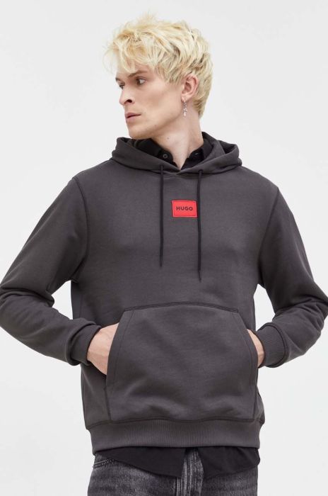 Бавовняна кофта HUGO чоловіча колір сірий з капюшоном з аплікацією