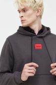 Бавовняна кофта HUGO чоловіча колір сірий з капюшоном з аплікацією