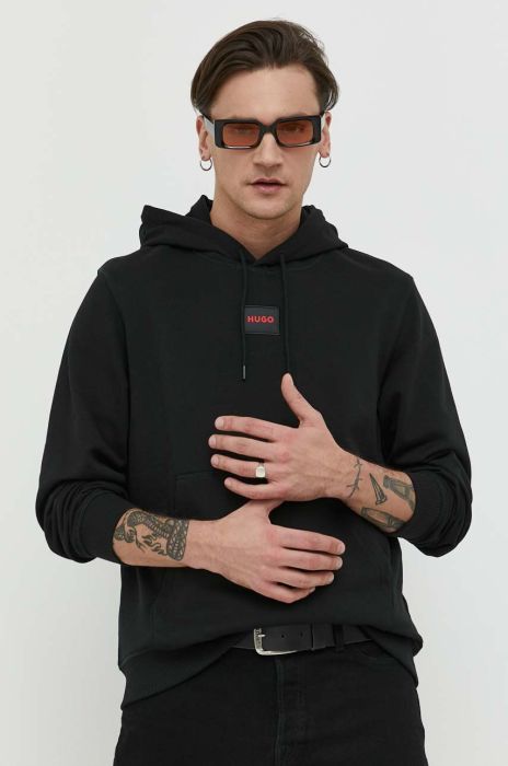Бавовняна кофта HUGO чоловіча колір чорний з капюшоном з аплікацією (3093564)