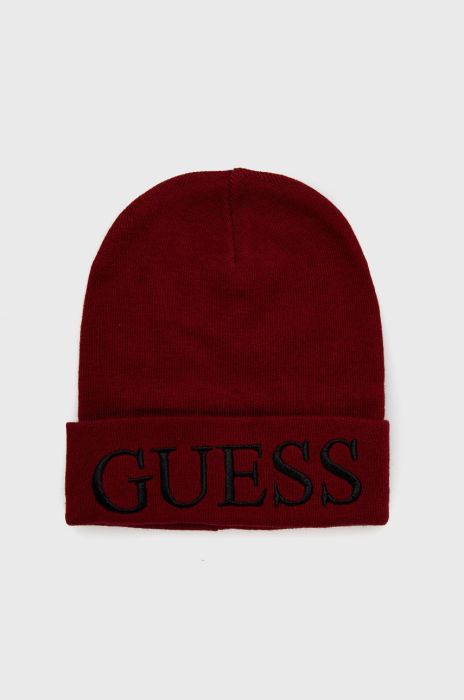 Шапка з домішкою вовни Guess колір бордовий з тонкого трикотажу