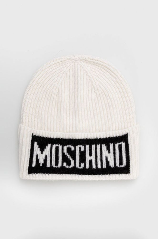 Шапка з домішкою вовни Moschino колір білий з товстого трикотажу