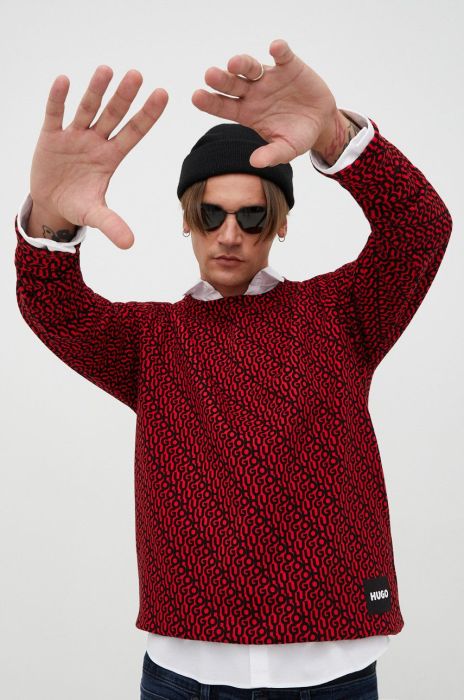 Бавовняна кофта HUGO чоловіча колір червоний візерунок