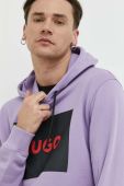 Бавовняна кофта HUGO чоловіча колір фіолетовий з капюшоном з принтом