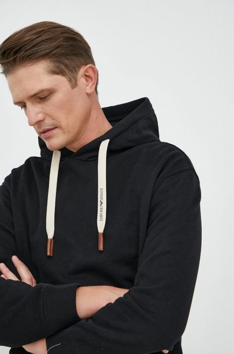 Кофта з домішкою кашеміру Emporio Armani чоловіча колір чорний з капюшоном однотонна