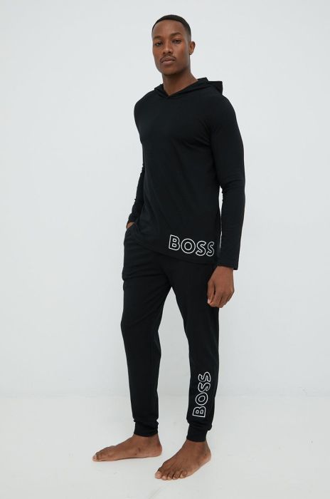 Кофта лаунж BOSS колір чорний з капюшоном з принтом
