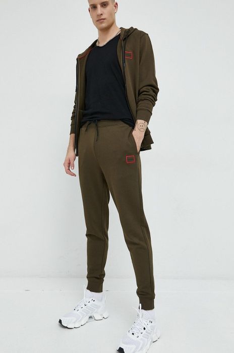 Бавовняна кофта HUGO чоловіча колір зелений з капюшоном з аплікацією