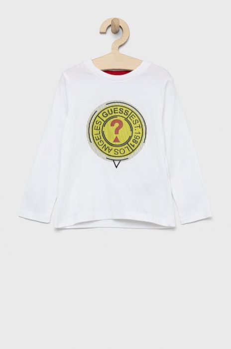 Дитячий бавовняний лонгслів Guess колір білий з аплікацією (2668755)