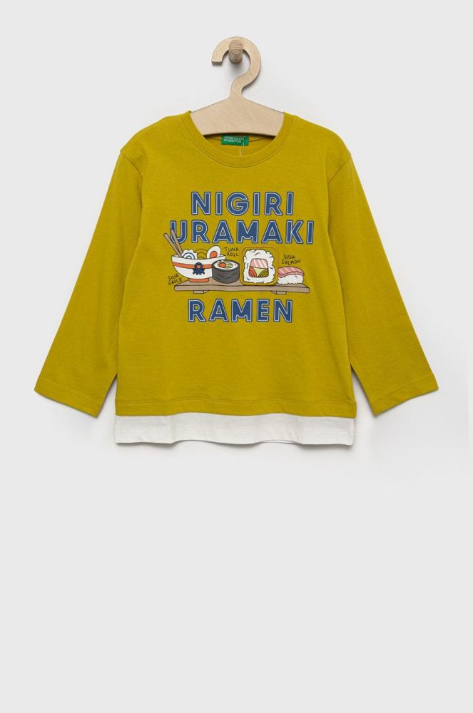 Дитячий бавовняний лонгслів United Colors of Benetton колір зелений з принтом (2558198)