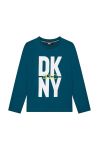 Дитячий бавовняний лонгслів Dkny колір бірюзовий з принтом