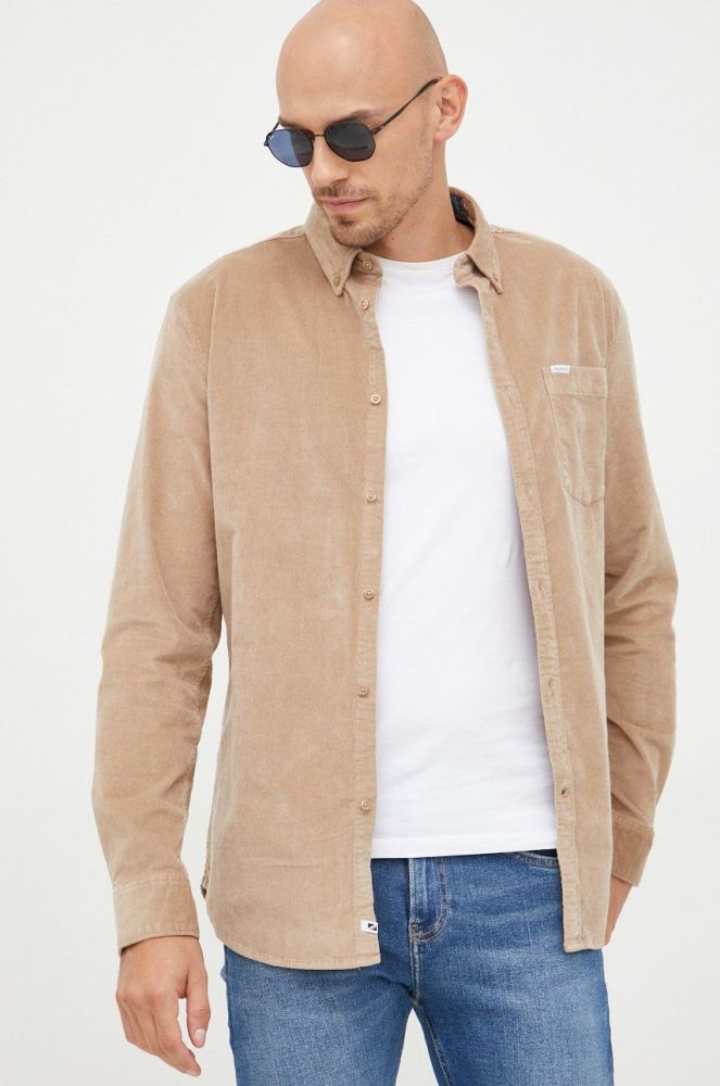Вельветова сорочка Pepe Jeans чоловіча колір бежевий regular комір button-down