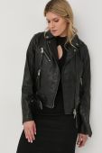 Шкіряна куртка Guess жіноча колір чорний перехідна