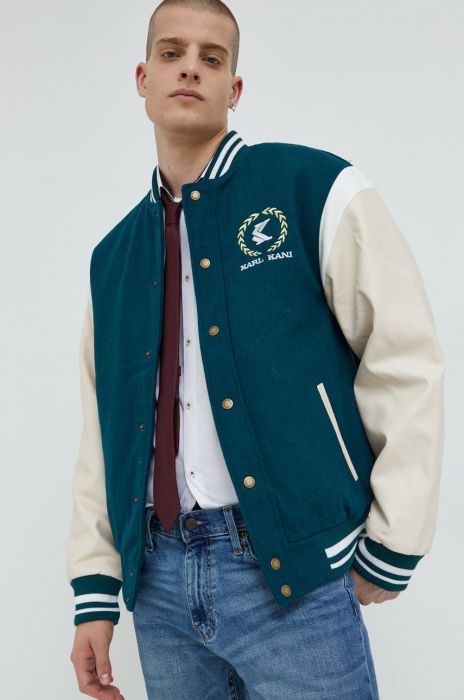 Куртка-бомбер з домішкою вовни Karl Kani колір зелений перехідна 6085174-dark.teal.