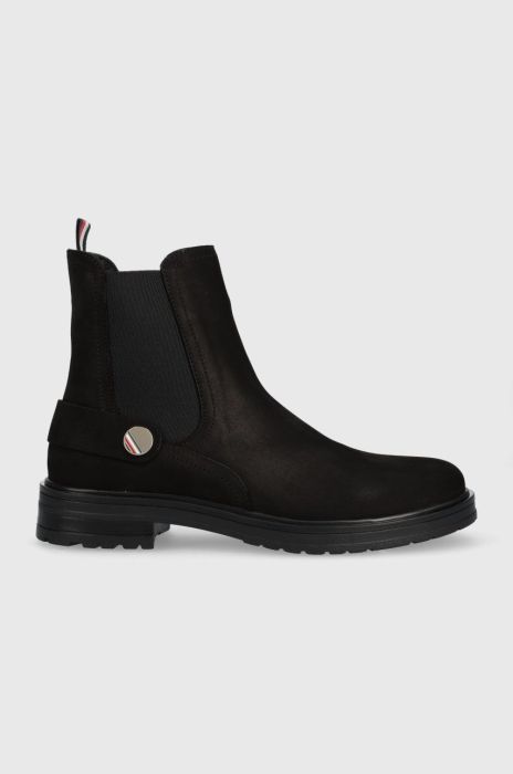 Замшеві черевики Tommy Hilfiger Th Coin Flat Boot жіночі колір чорний на плоскому ходу