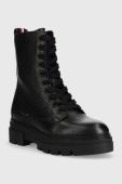 Шкіряні черевики Tommy Hilfiger Monochromatic Lace Up Boot жіночі колір чорний на плоскому ходу