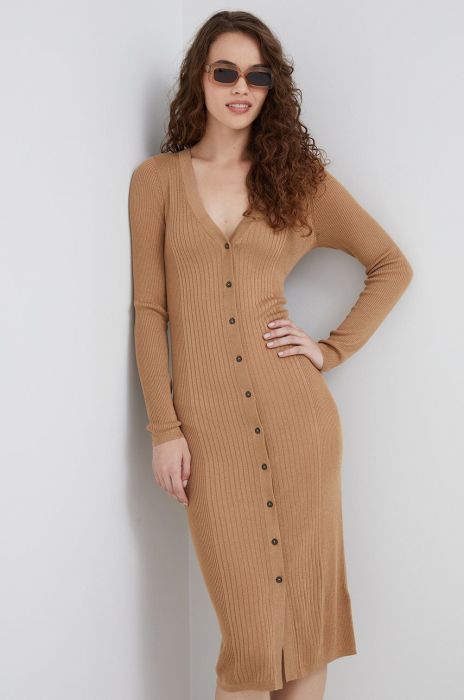 Сукня з домішкою шовку Tommy Hilfiger колір коричневий midi облягаюча