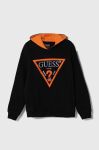 Дитяча бавовняна кофта Guess колір чорний з капюшоном з аплікацією (3517518)