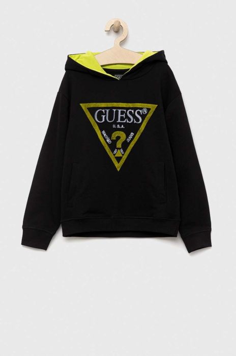 Дитяча бавовняна кофта Guess колір чорний з капюшоном з аплікацією (3293588)