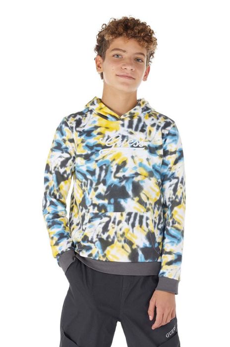 Дитяча бавовняна кофта Guess колір жовтий з капюшоном візерунок (3369004)