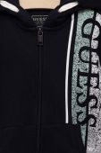 Дитяча бавовняна кофта Guess колір синій з капюшоном з принтом