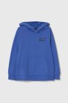Дитяча бавовняна кофта EA7 Emporio Armani з капюшоном з принтом колір блакитний