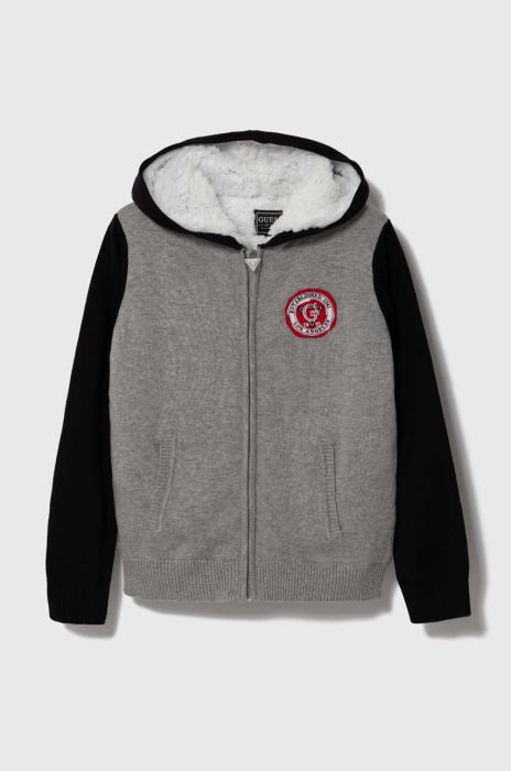 Дитяча бавовняна кофта Guess колір сірий з капюшоном з аплікацією (3527235)