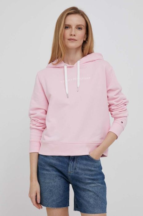 Бавовняна кофта Tommy Hilfiger жіноча колір рожевий з капюшоном з аплікацією