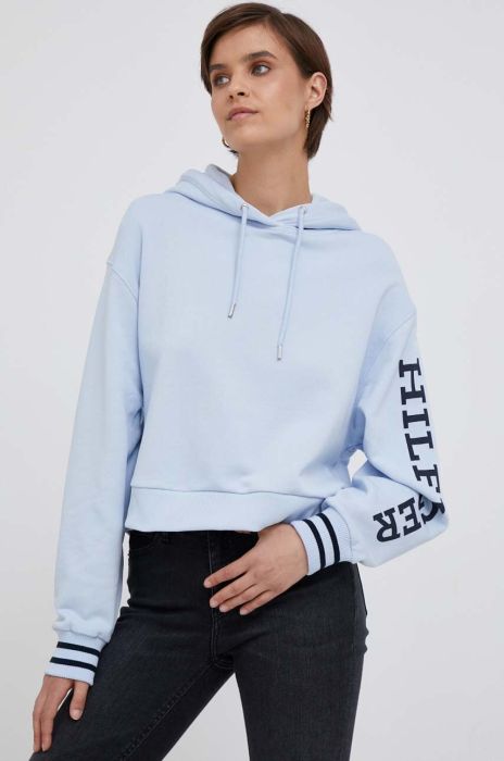 Бавовняна кофта Tommy Hilfiger жіноча з капюшоном з принтом колір блакитний