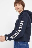 Бавовняна кофта Tommy Hilfiger жіноча колір синій з капюшоном з принтом (3316078)