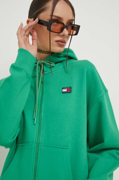 Бавовняна кофта Tommy Jeans жіноча колір зелений з капюшоном однотонна (3372453)