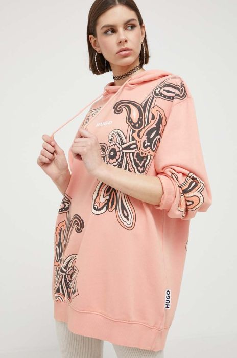 Бавовняна кофта HUGO жіноча колір помаранчевий з капюшоном з принтом