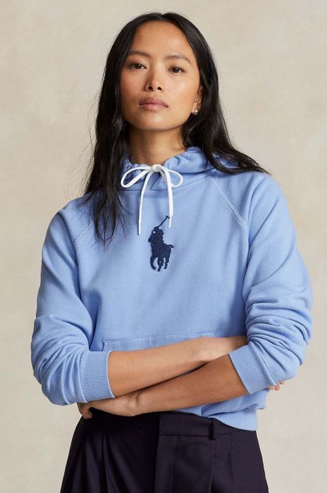 Бавовняна кофта Polo Ralph Lauren жіноча з капюшоном з аплікацією колір блакитний