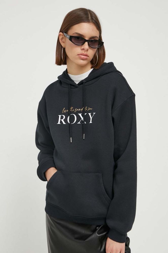 Кофта Roxy жіноча колір чорний з капюшоном з принтом