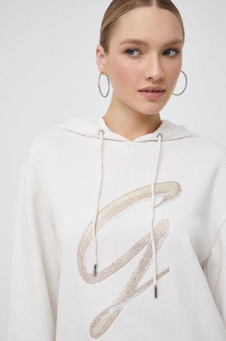 Кофта Guess жіноча колір бежевий з капюшоном з аплікацією (3503672)