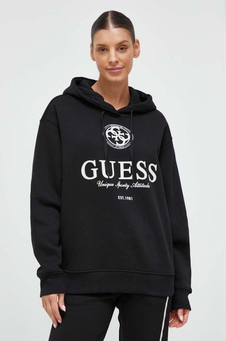 Кофта Guess жіноча колір чорний з капюшоном з принтом (3585108)