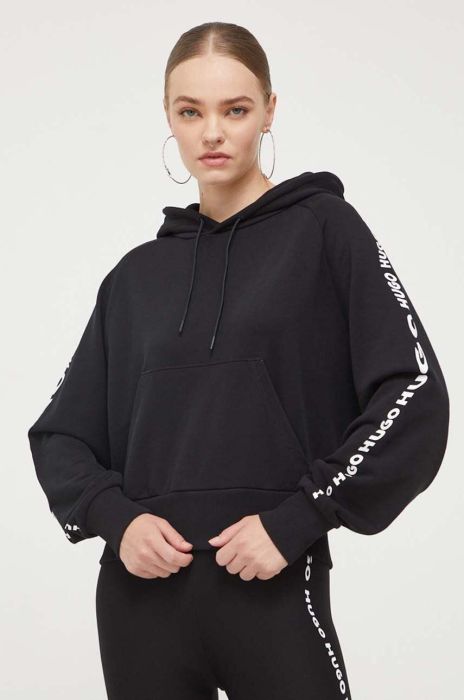 Бавовняна кофта HUGO жіноча колір чорний з капюшоном з принтом