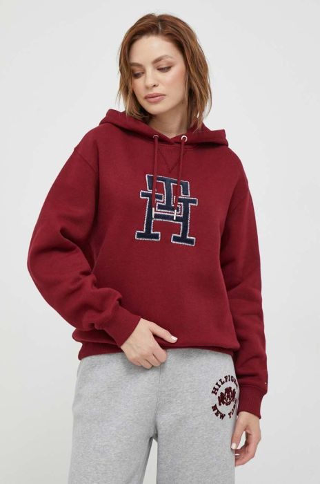 Кофта Tommy Hilfiger жіноча колір бордовий з капюшоном з аплікацією (3609167)