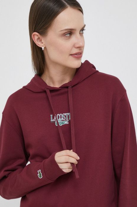 Кофта Lacoste жіноча колір бордовий з капюшоном з принтом