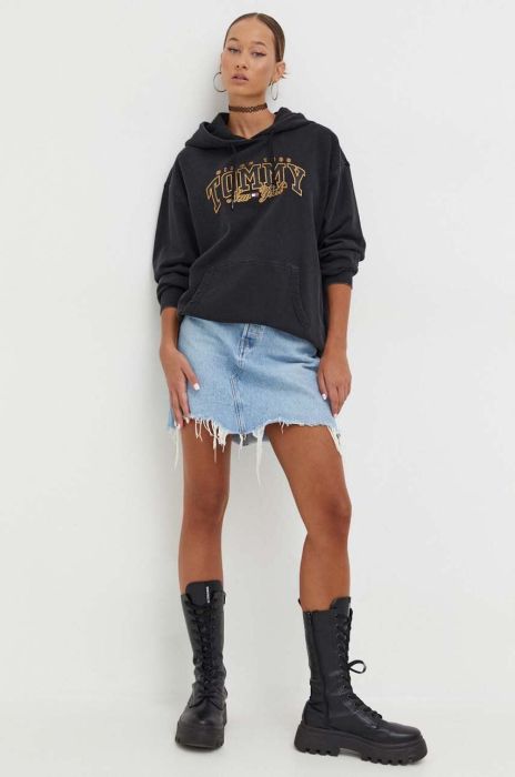 Бавовняна кофта Tommy Jeans жіноча колір сірий з капюшоном з принтом (3592718)