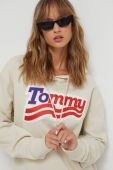 Бавовняна кофта Tommy Jeans жіноча колір бежевий з капюшоном з принтом (3590733)