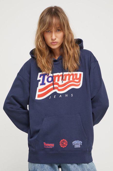 Бавовняна кофта Tommy Jeans жіноча колір синій з капюшоном з принтом (3590737)