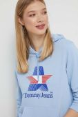 Бавовняна кофта Tommy Jeans жіноча з капюшоном з принтом колір блакитний (3590746)