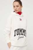 Бавовняна кофта Tommy Jeans жіноча колір бежевий з капюшоном з принтом (3427888)