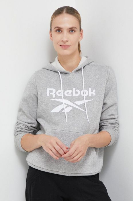 Кофта Reebok жіноча колір сірий з капюшоном з принтом