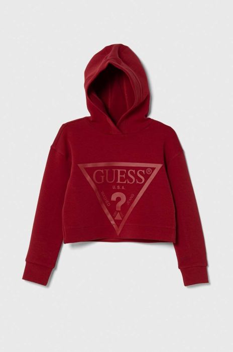 Дитяча кофта Guess колір бордовий з капюшоном з принтом