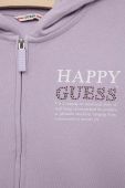 Дитяча бавовняна кофта Guess колір фіолетовий з капюшоном з принтом (3332648)