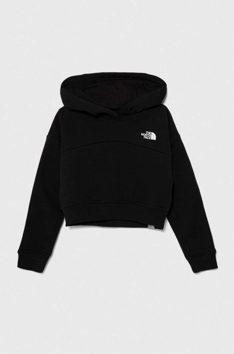 Дитяча бавовняна кофта The North Face G DREW PEAK CROP P/O HOODIE колір чорний з капюшоном однотонна